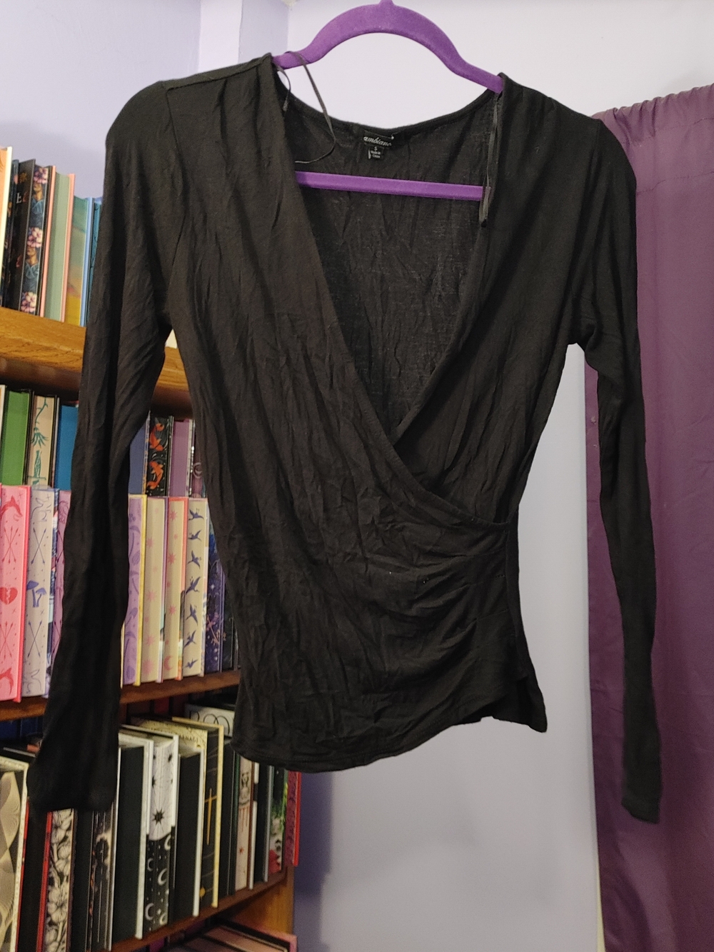 Ambiance Black Long Sleeve Wrap Front Ruched Top Size Small
